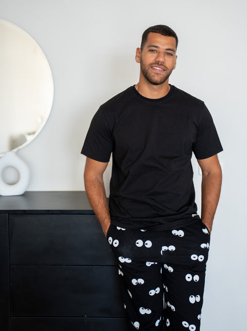 Men summer pajama set Black T-shirt + Eyes Pants